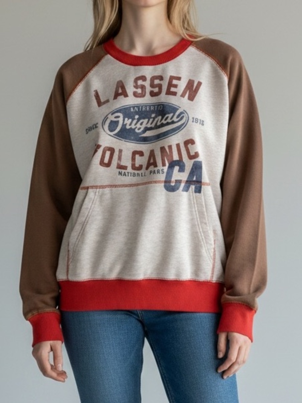 MV SPORT LASSEN VOLCANIC CA Colorblock Crewneck Sweater Red, Brown, Cream Size L